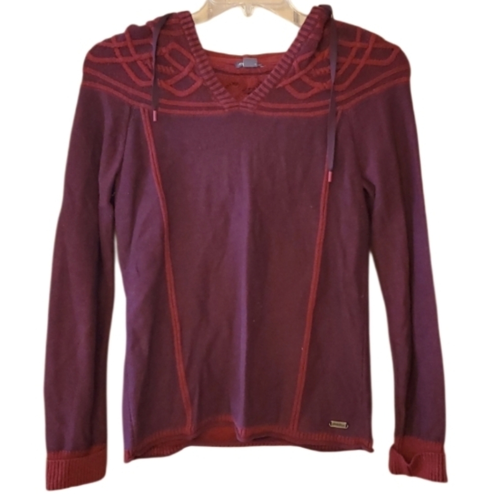 Eddie Bauer Womans Burgundy Criss Cross Fair Isle Scandi Sweater Hoodie Medium